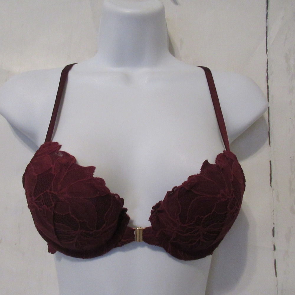 Auden Bra 32A Burgundy Lace Front Close Push Up Plunge Underwire Padded